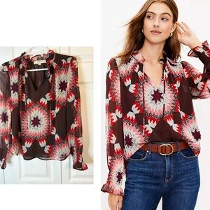 Loft Garden Smocked Ruffle Tie Neck Blouse Petite Small Top Quilt Print Brown